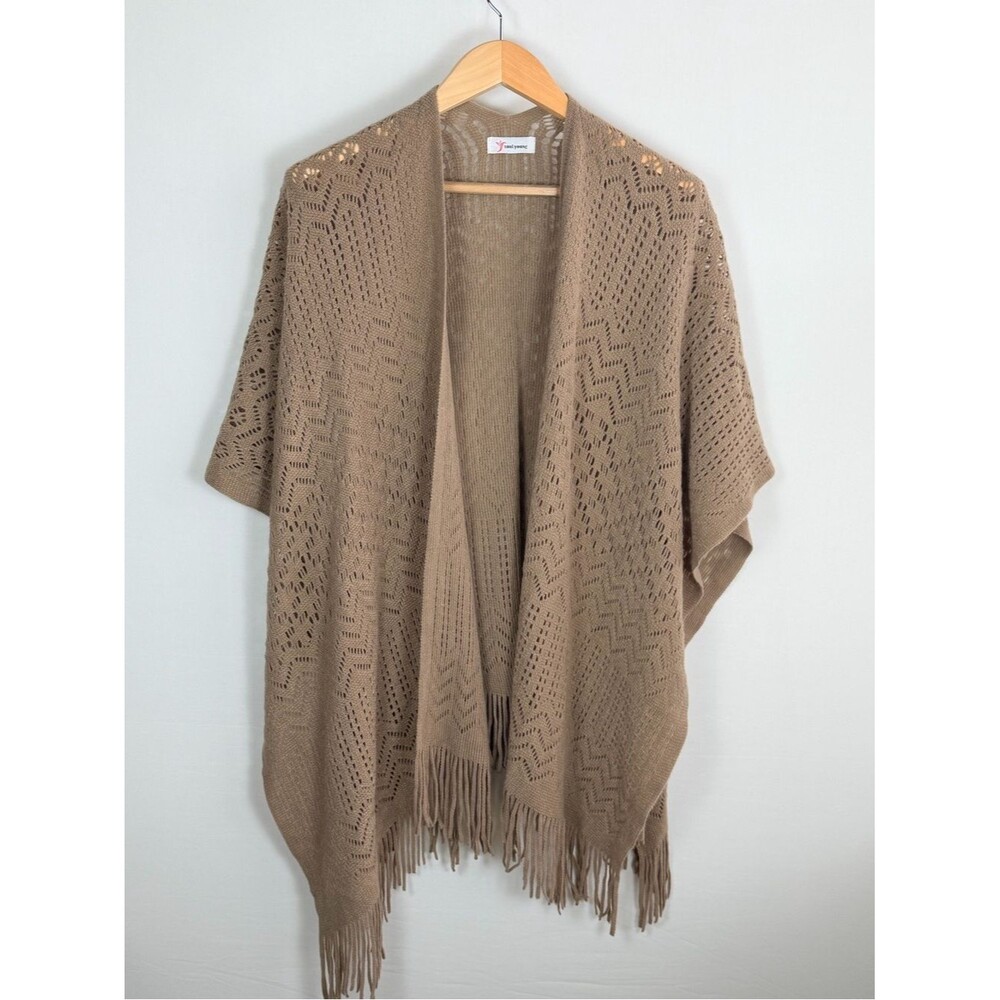 Soul Young Open Knit Fringe Cardigan Shawl Boho Lagenlook Draped Taupe